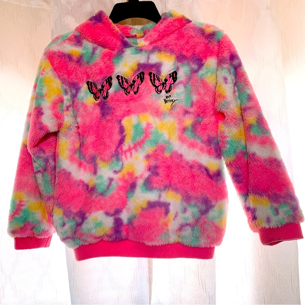 Betsey Johnson Girls Hoodie Size M Pink Rainbow Butterfly Fluffy Warm Colorful